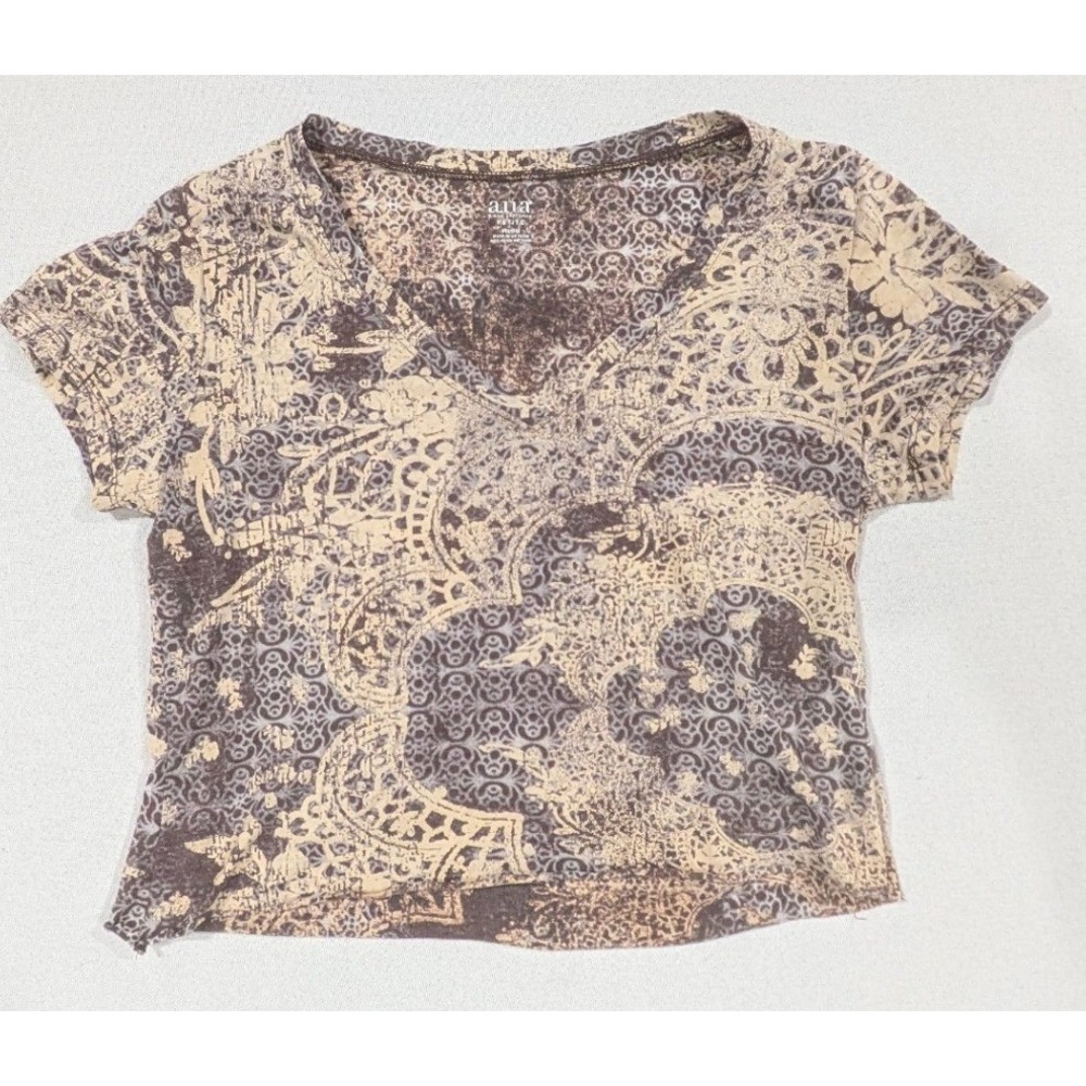 a.n.a V-Neck Top Womens PM Brown Tan Excellent Damask Floral Short Sleeve